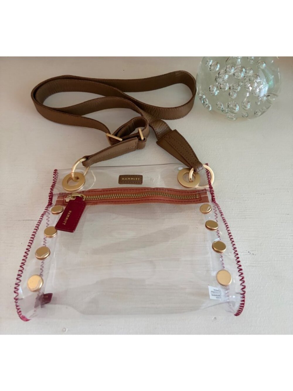 Hammitt Los Angeles Tony Clear & Red with Gold Studded Crossbody Bag Brown Strap - Picture 2 of 12